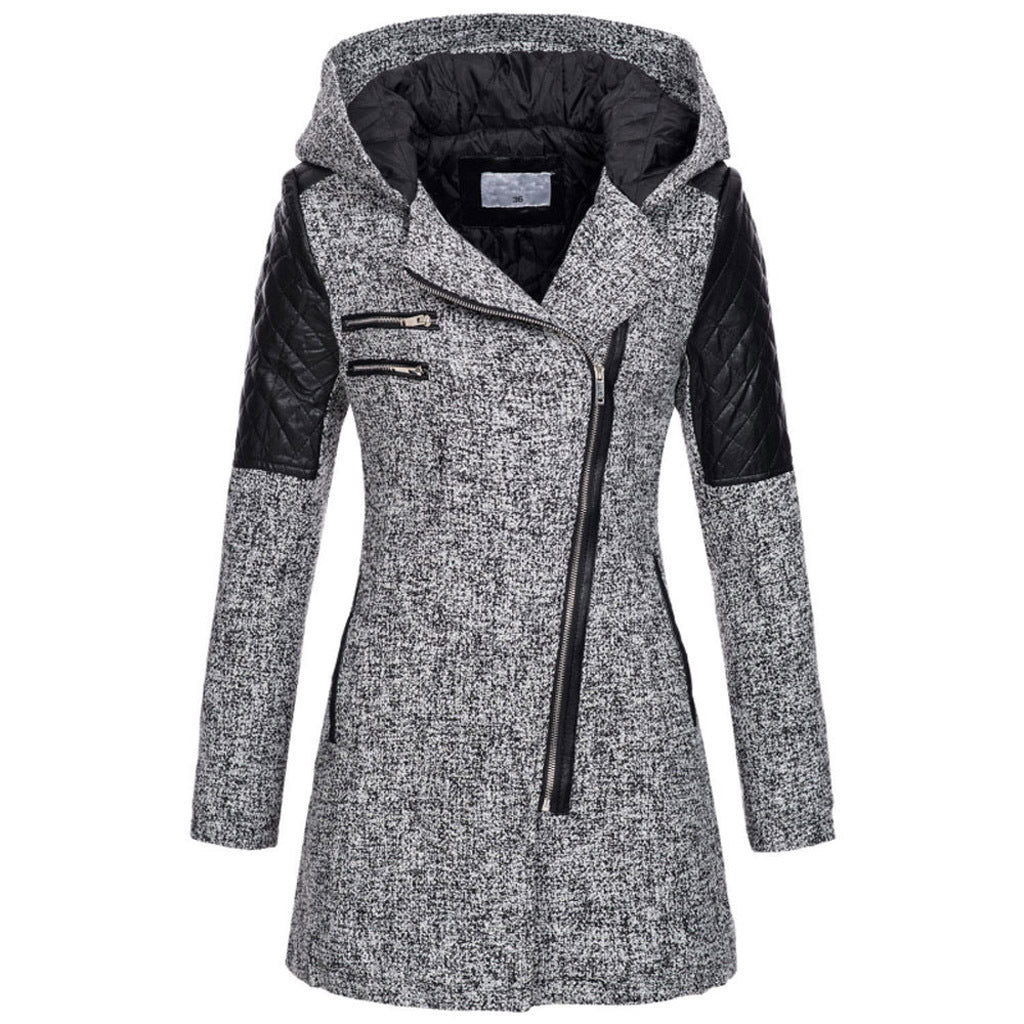 Women Hooded Faux Leather Quilted Asymmetrical Zip Coat