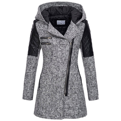 Women Hooded Faux Leather Quilted Asymmetrical Zip Coat