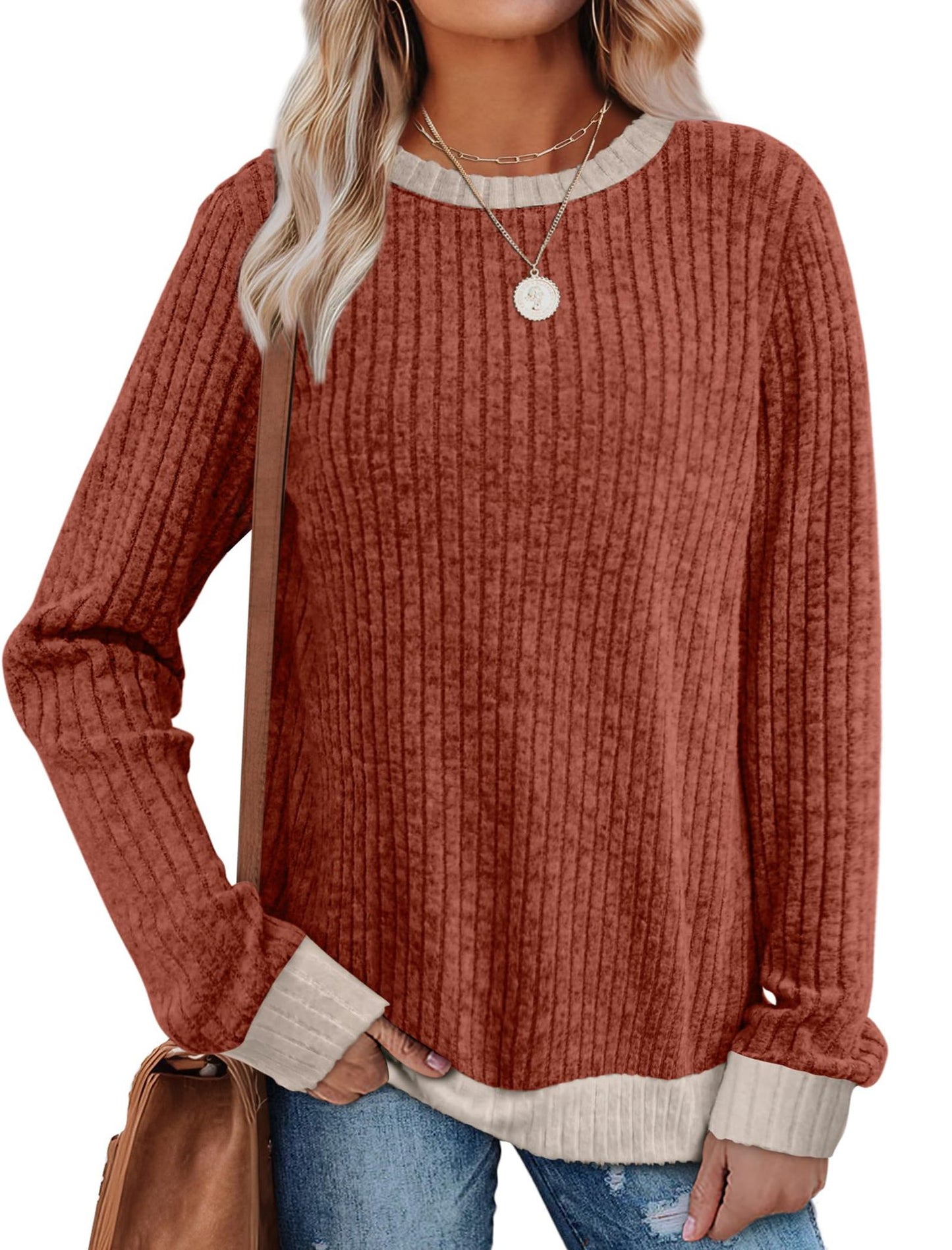 Women's Ribbed Long Sleeve Crew Neck Pullover Top