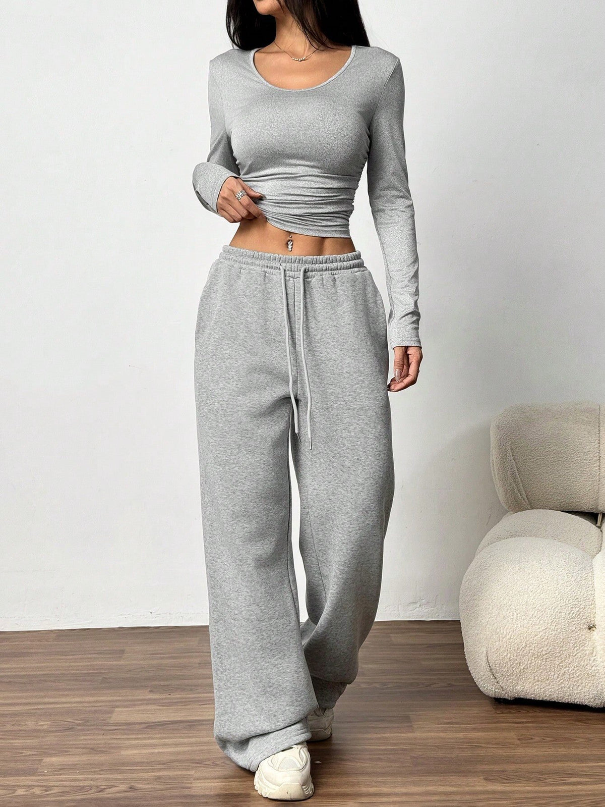 Women's Two Piece Lounge Set Wide Leg Pants Long Sleeve Top