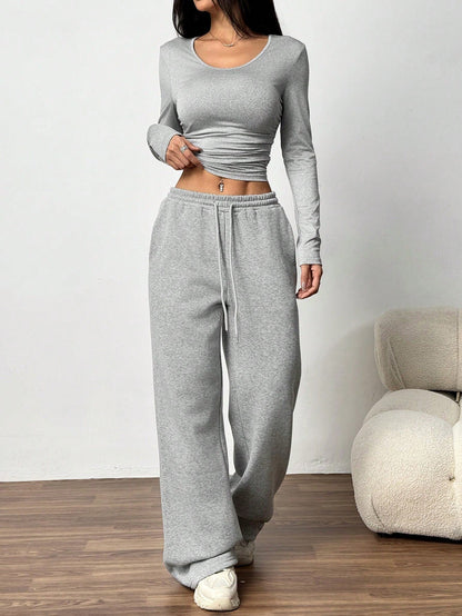 Women's Two Piece Lounge Set Wide Leg Pants Long Sleeve Top