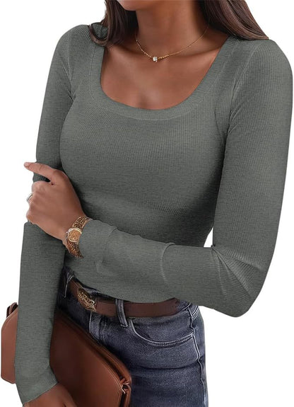 Women's Ribbed Fitted Long Sleeve Scoop Neck Stretch Top