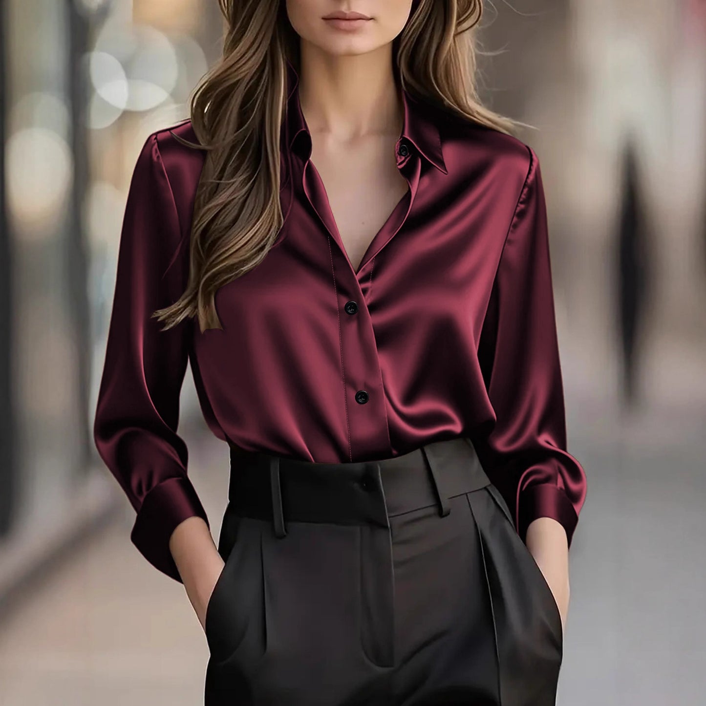 Women's Satin Button Down Shirt Long Sleeve Work Blouse
