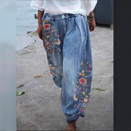 Women's Embroidered Denim Harem Pants Boho Floral Jeans