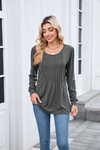 Women's Long Sleeve Pleated Tunic Top Loose Casual Blouse