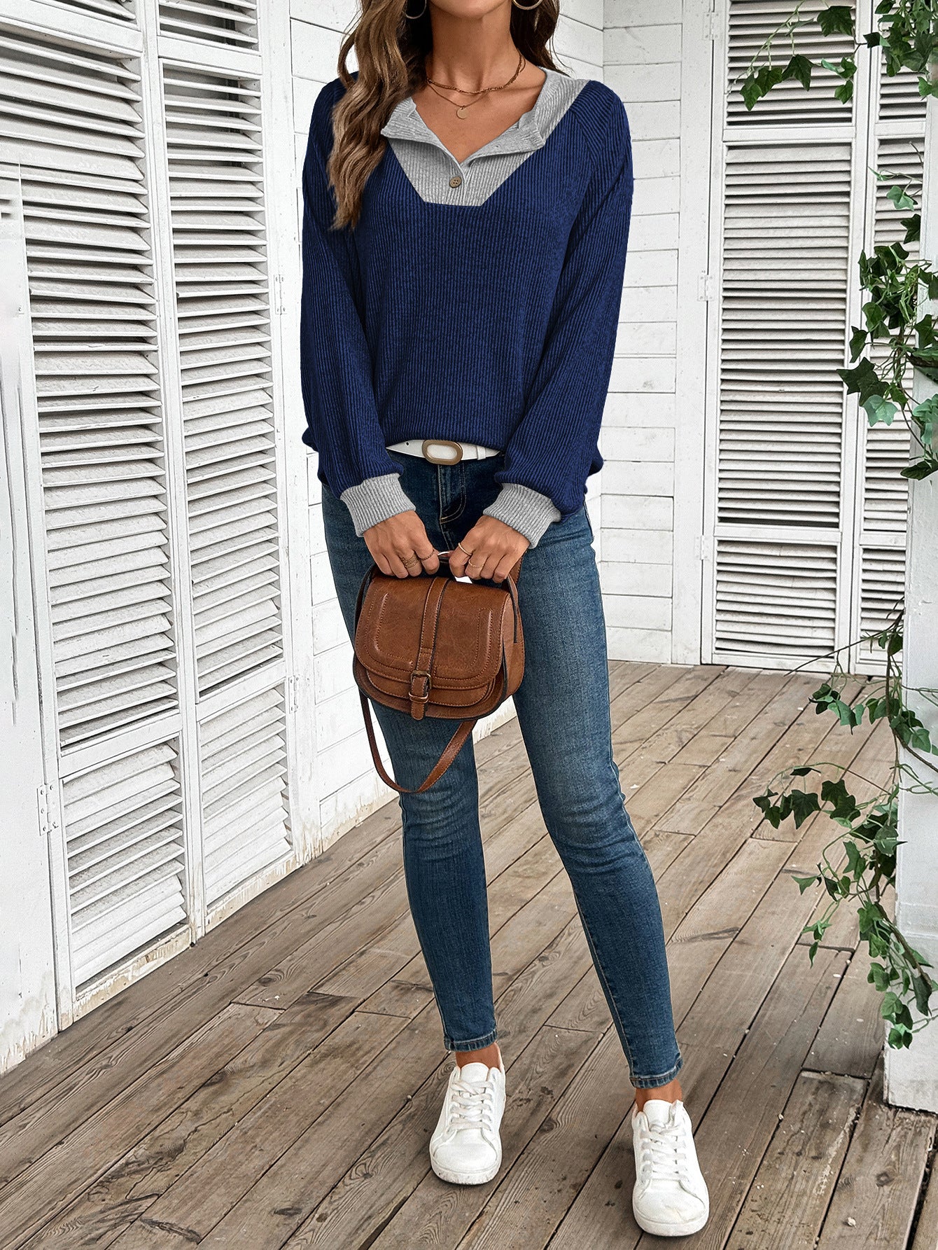 Colorblock V Neck Sweater Women Casual Knit Pullover Top