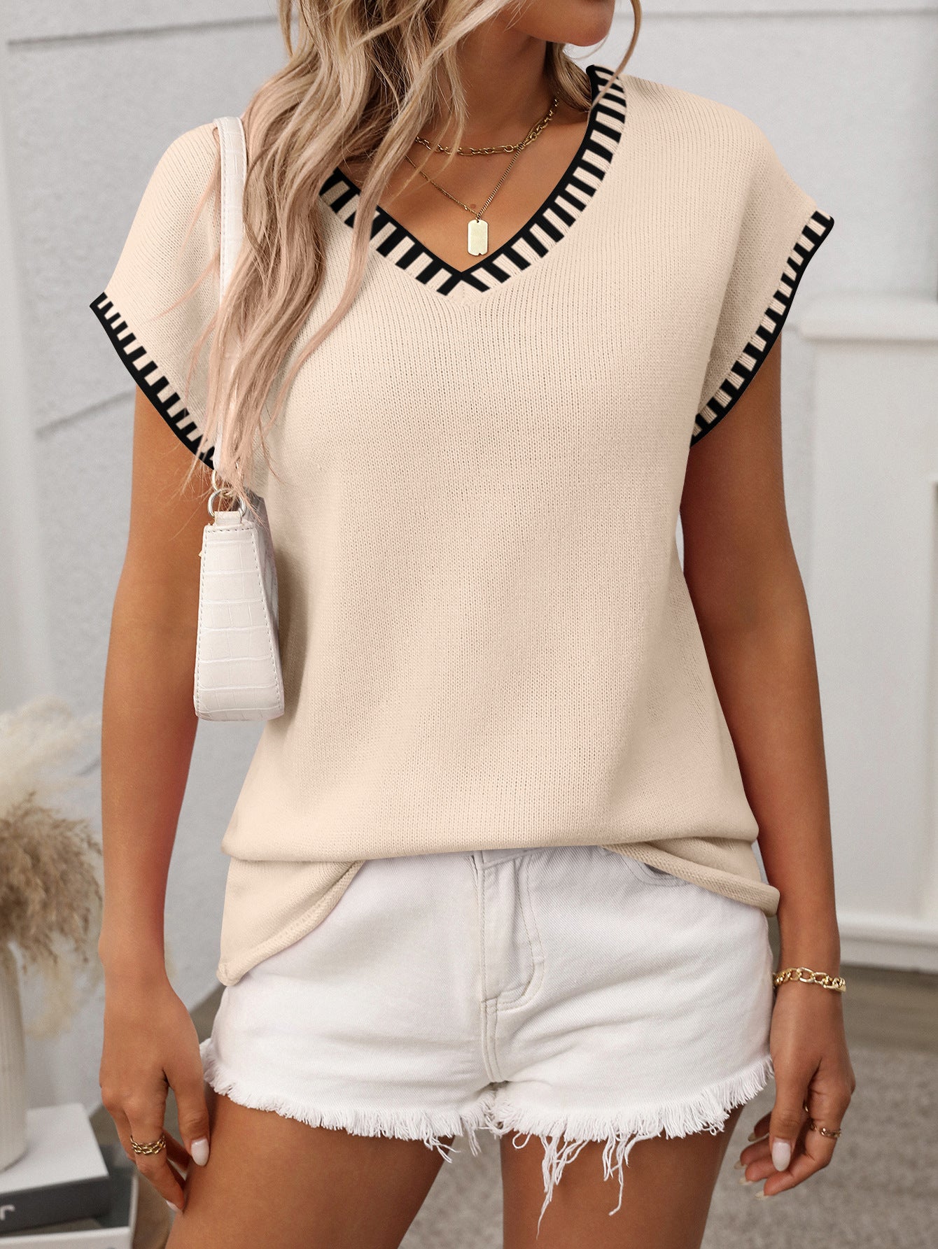 Striped V Neck Knit Top Short Sleeve Casual Sweater