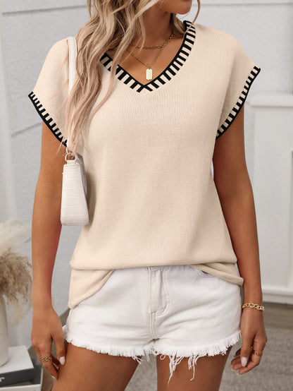 Striped V Neck Knit Top Short Sleeve Casual Sweater