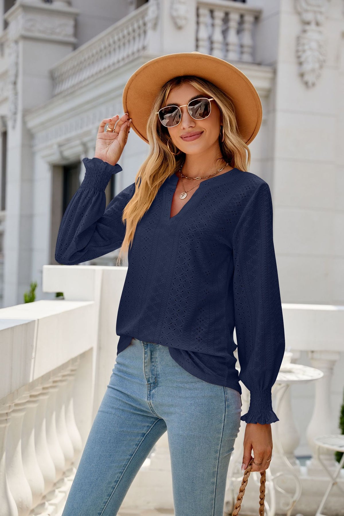Women's Eyelet V-Neck Long Sleeve Ruffle Cuff Loose Blouse