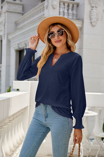 Women's Eyelet V-Neck Long Sleeve Ruffle Cuff Loose Blouse