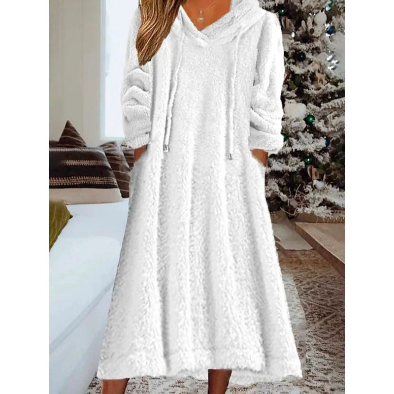 Fleece Hooded Dress with Pocket Relaxed Fit