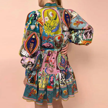 Women's Boho Printed Tie Waist Ruffle Mini Dress