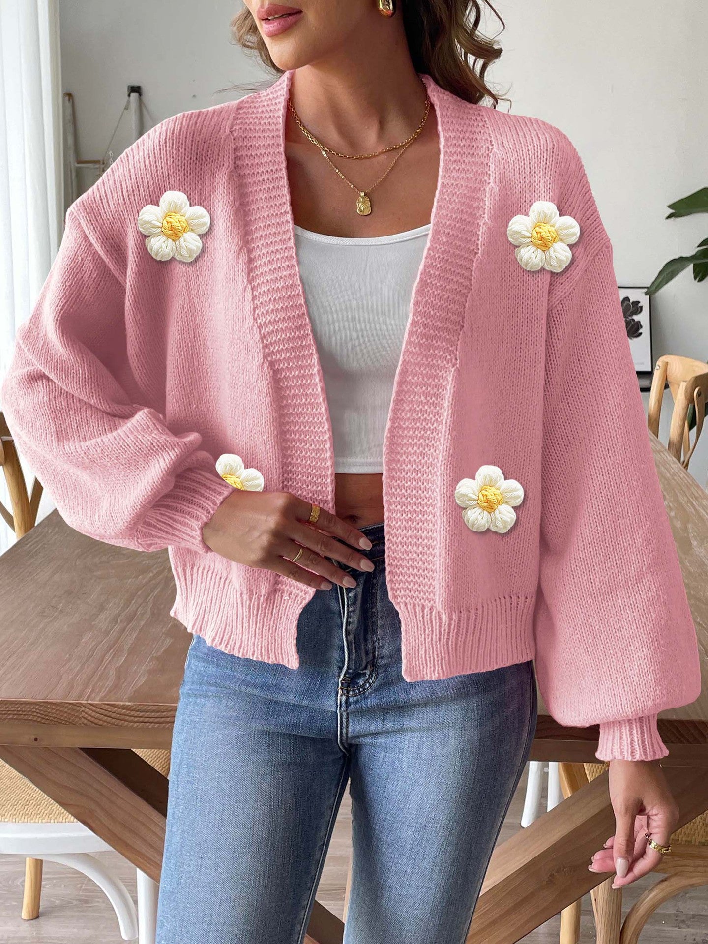 Floral Crochet Knit Cardigan Sweater with Balloon Sleeves