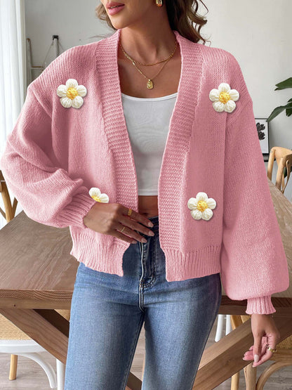 Floral Crochet Knit Cardigan Sweater with Balloon Sleeves