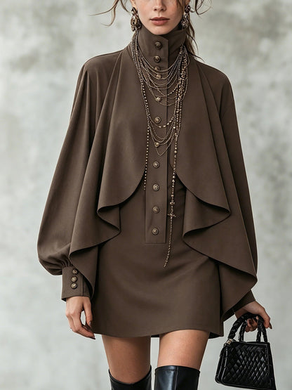 Womens Mock Neck Cape Shirt Dress Puff Sleeve Bodycon Mini