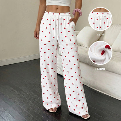 Heart Print Wide-Leg Pants Casual Summer Lounge Trousers