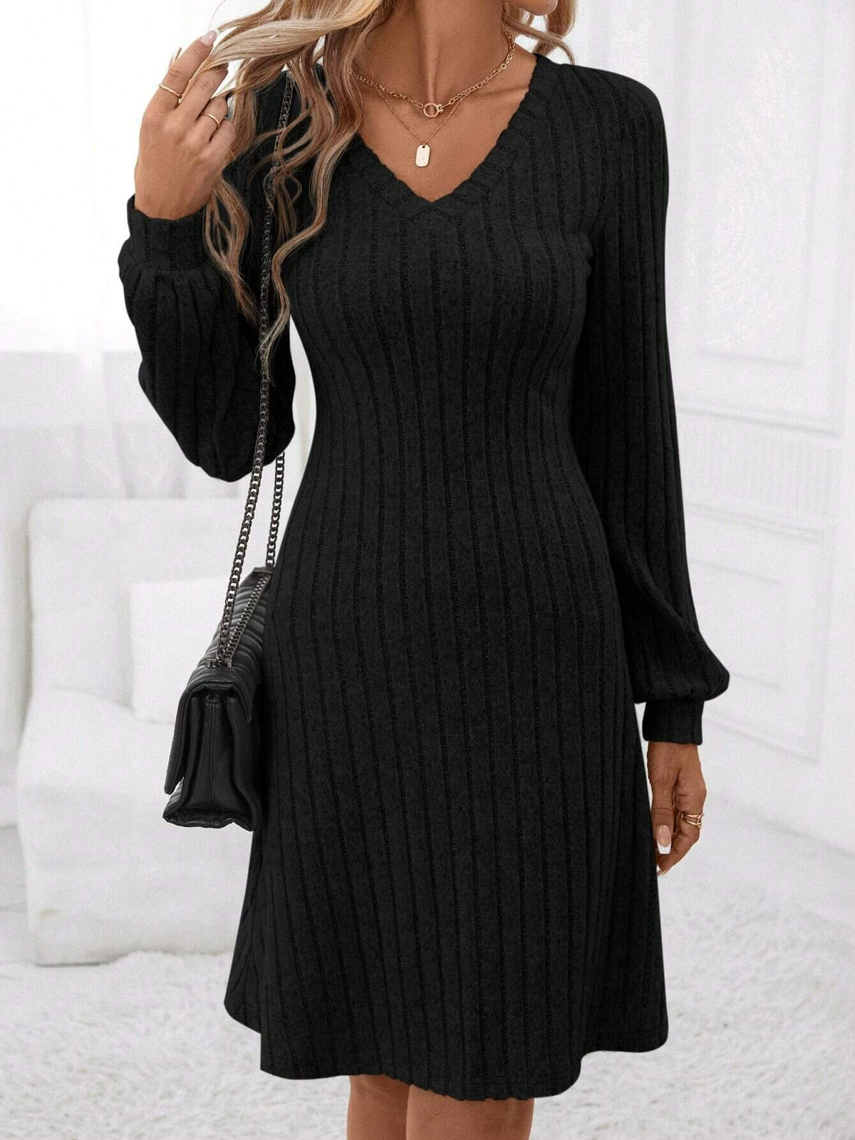 Women's V-Neck Ribbed Long Sleeve A-Line Midi Dress