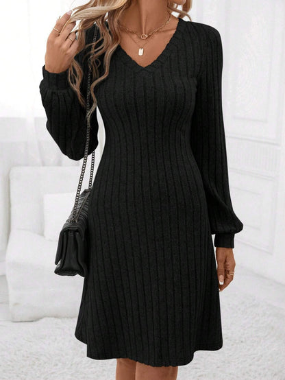 Women's V-Neck Ribbed Long Sleeve A-Line Midi Dress