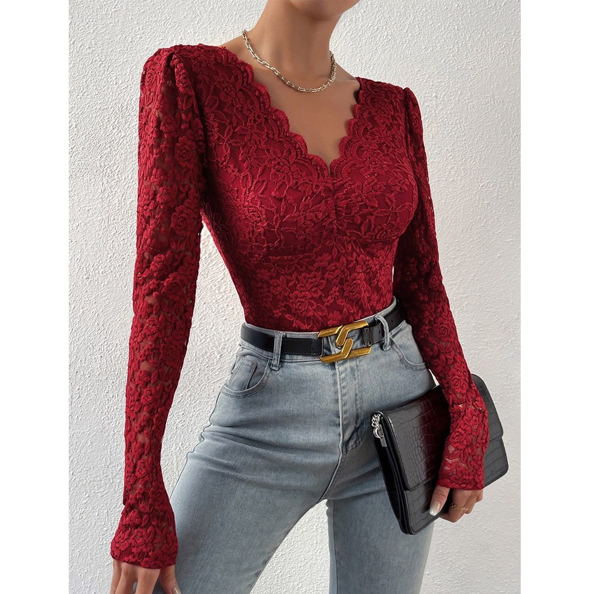 Sexy Sheer Lace Long Sleeve Bodysuit