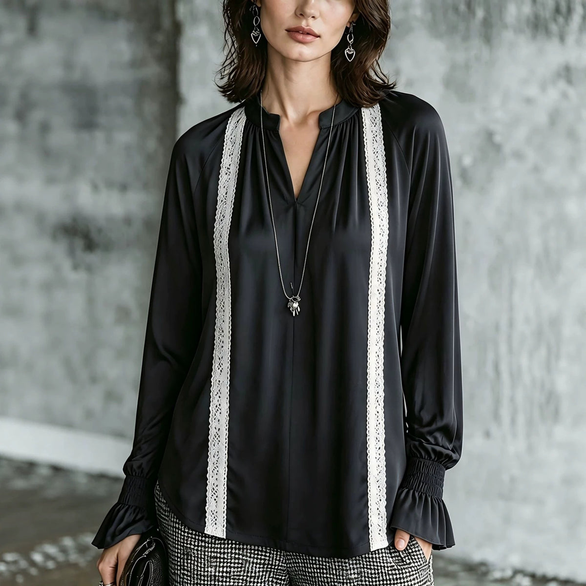 Women's Satin Lace Trim V-Neck Long Sleeve Blouse