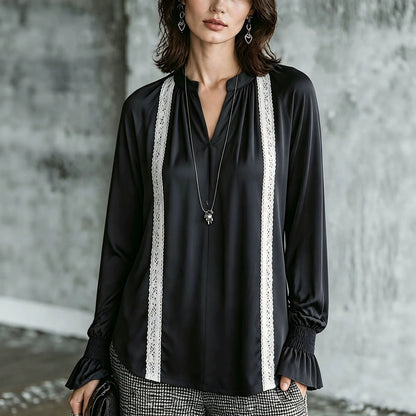 Women's Satin Lace Trim V-Neck Long Sleeve Blouse