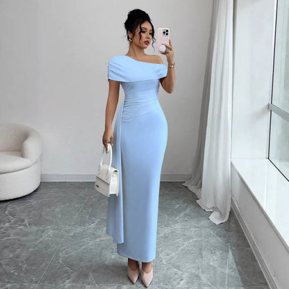 One Shoulder Maxi Dress Ruched Waist Bodycon Fit