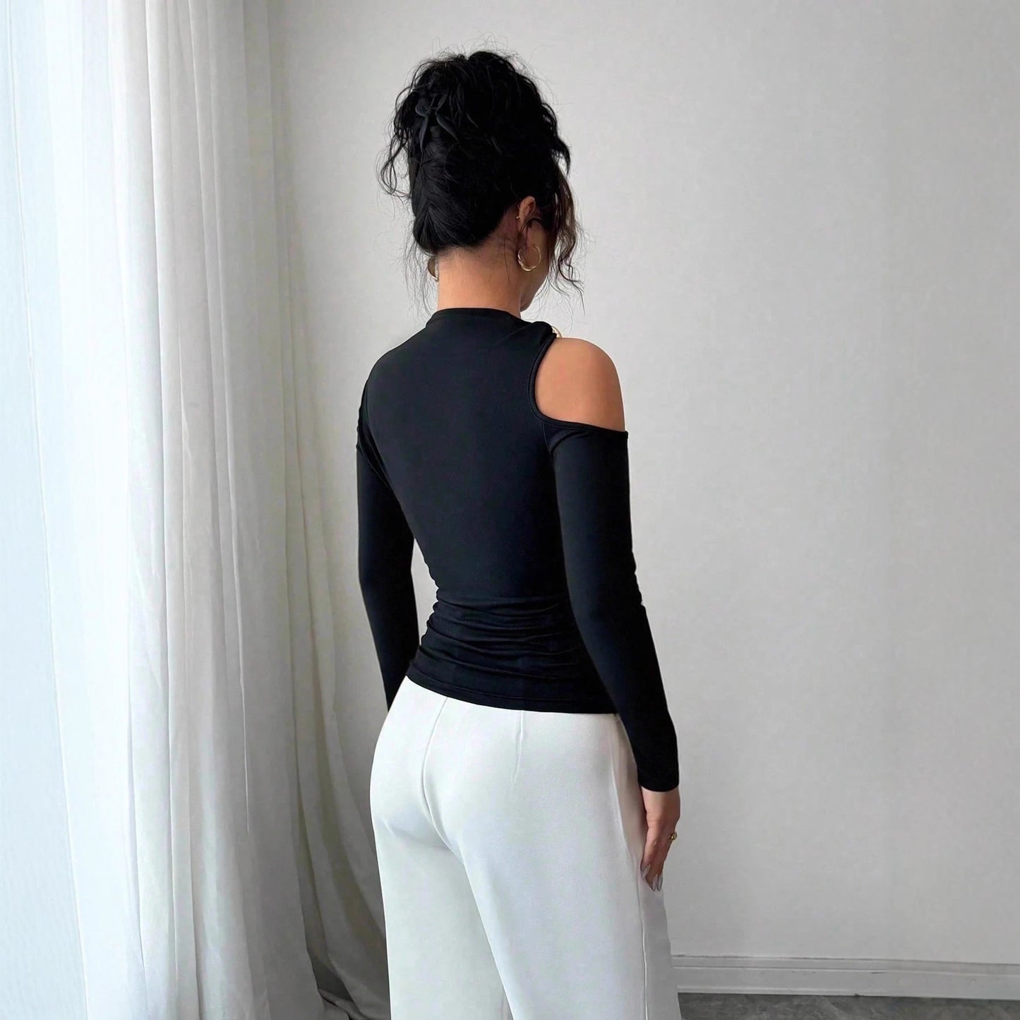 Asymmetrical One Shoulder Ring Long Sleeve Top