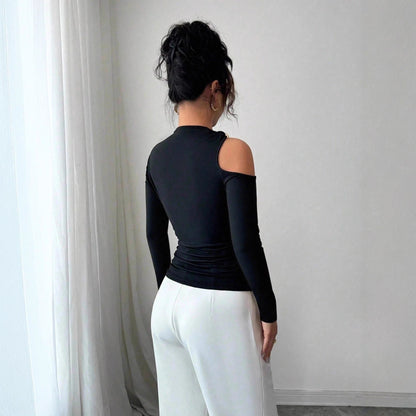 Asymmetrical One Shoulder Ring Long Sleeve Top