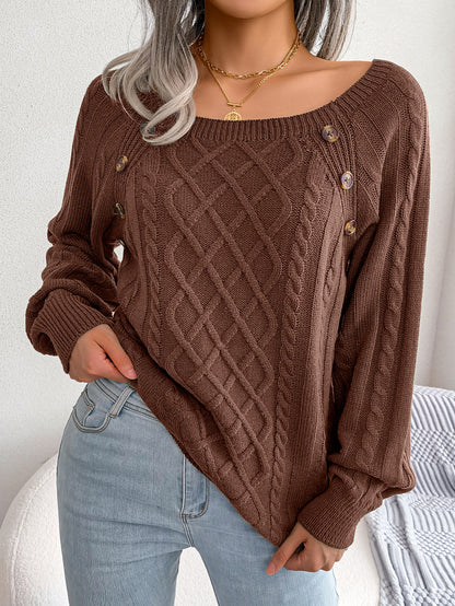 2025 Fall Winter Casual Square Neck Button Detail Cable Knit Sweater