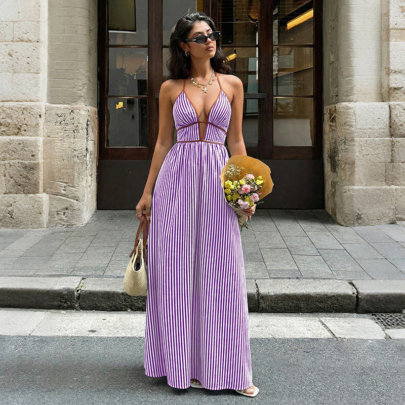 Striped Halter Backless Maxi Dress Deep V Resort Dress
