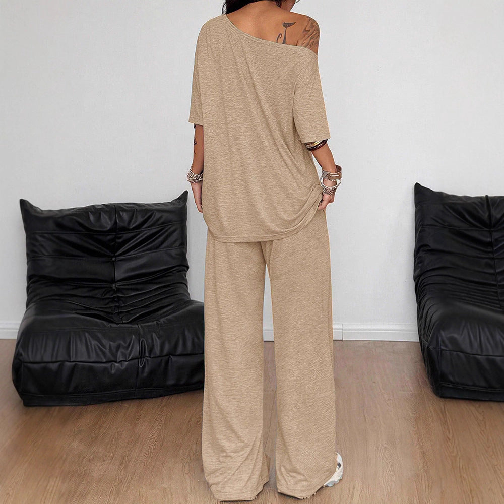 Women Off Shoulder Wide Leg Pants Casual Two Piece Set