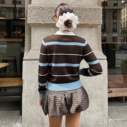 Striped Knit Polo Sweater Colorblock Long Sleeve