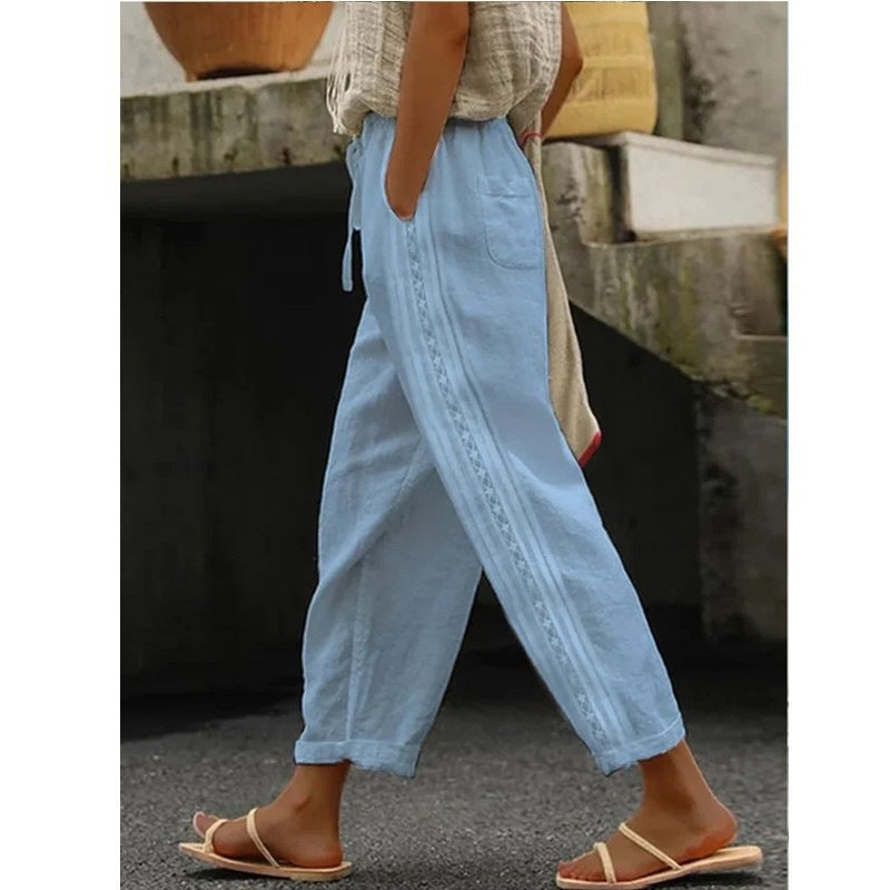 Women's Cotton Straight Leg Pants with Side Crochet Detail