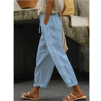 Women's Cotton Straight Leg Pants with Side Crochet Detail