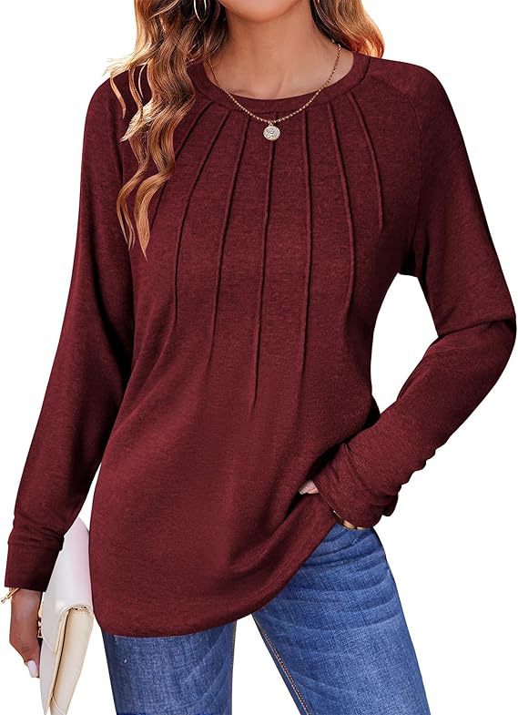 Women's Pleated Crew Neck Long Sleeve Casual Top