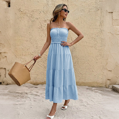 Women Strapless Smocked Tiered Maxi Dress Summer Beach Vacation