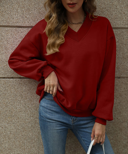 Colorblock V Neck Fleece Sweatshirt Women Casual Pullover Top