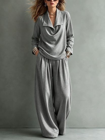 Women's Collared Sweatshirt Wide Leg Pants Lounge Set