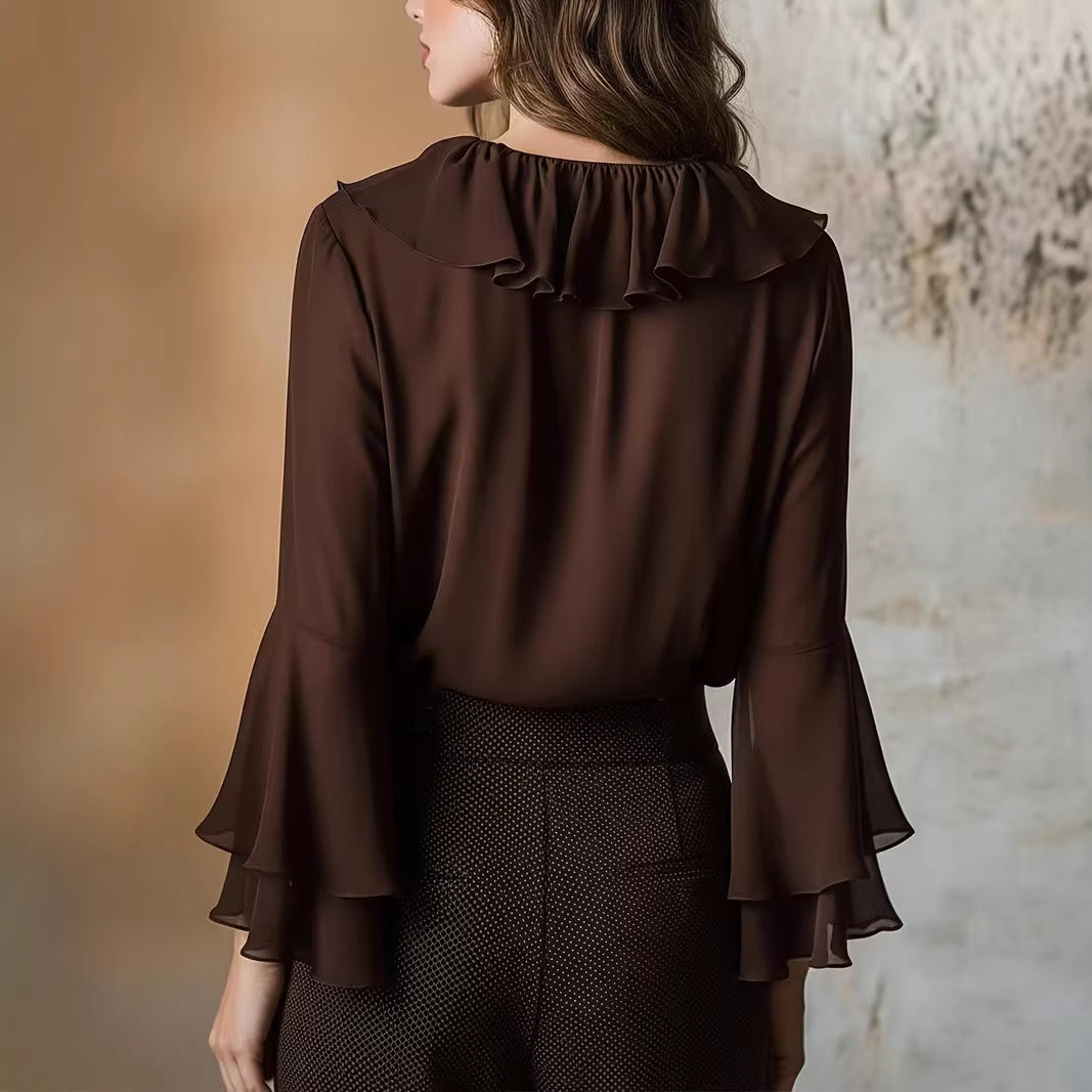 Women's Ruffle V Neck Long Sleeve Blouse Top