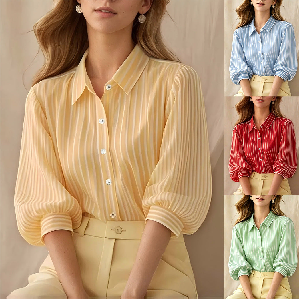 Striped Puff Sleeve Collared Workwear Blouse