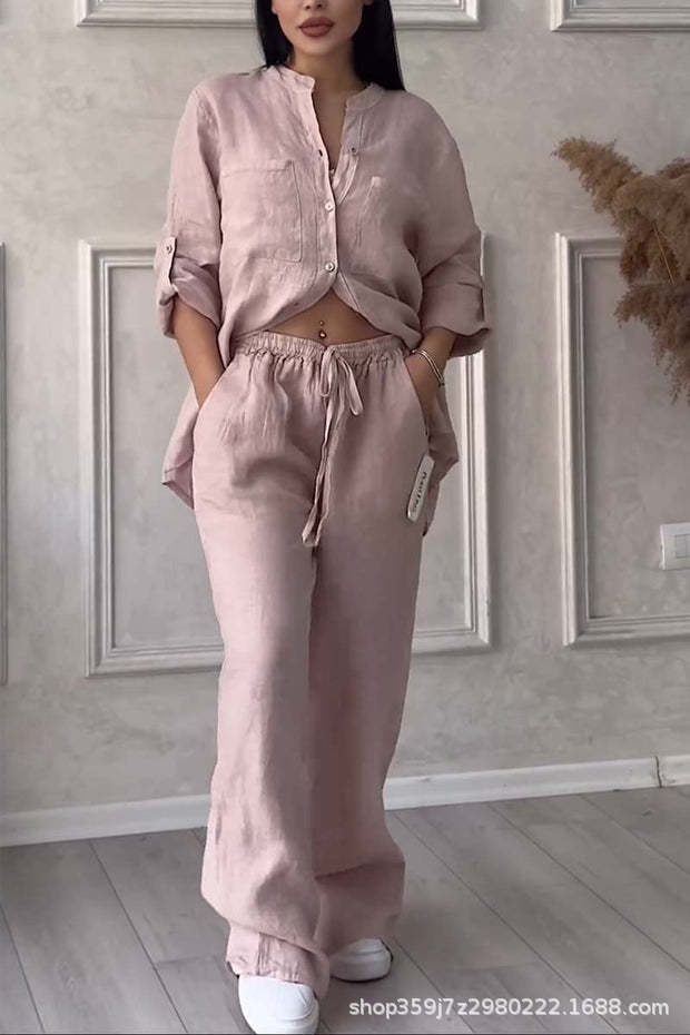 Women's Linen Shirt and Wide Leg Pants Matching Set