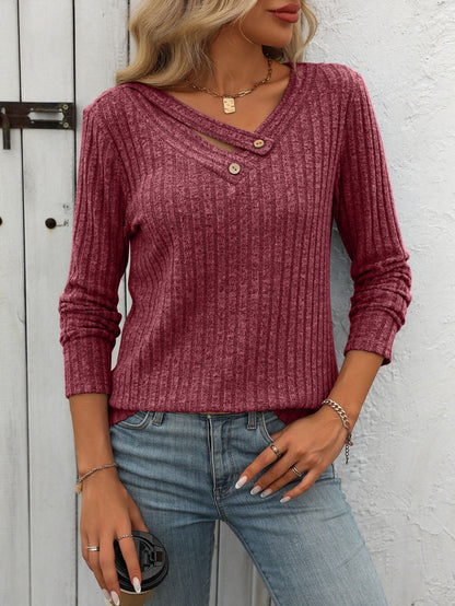 Ribbed V Neck Button Detail Long Sleeve Knit Top