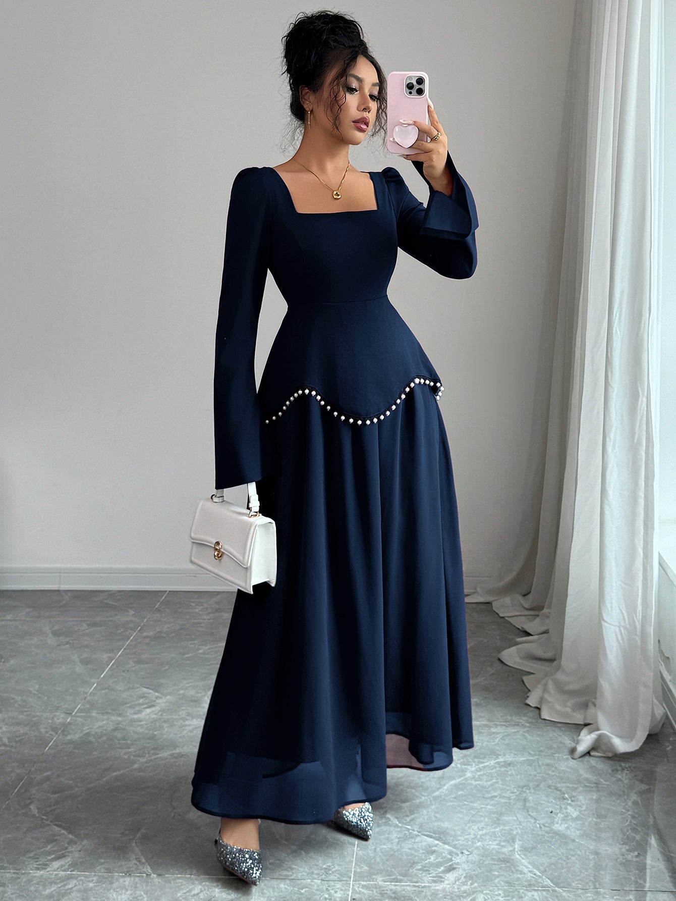 Square Neck Long Sleeve Pearl Beaded Mesh Maxi Dress