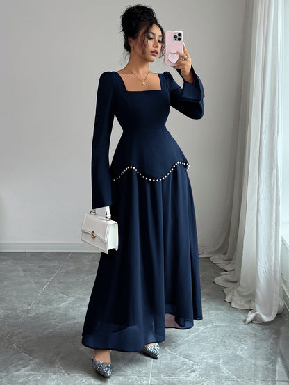 Square Neck Long Sleeve Pearl Beaded Mesh Maxi Dress