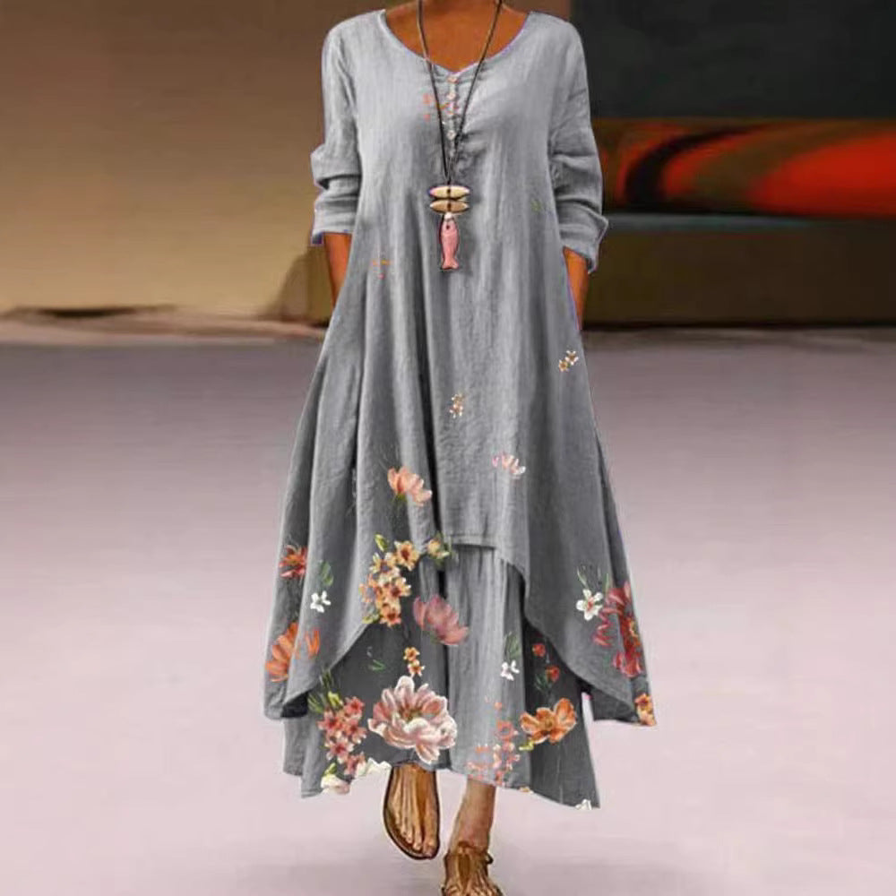 Women's Boho Floral Long Sleeve Asymmetrical Maxi Dress