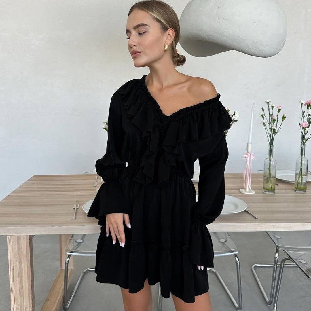 Women's V-Neck Ruffle Bell Sleeve Tie Front Mini Dress
