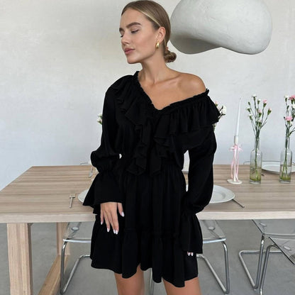 Women's V-Neck Ruffle Bell Sleeve Tie Front Mini Dress
