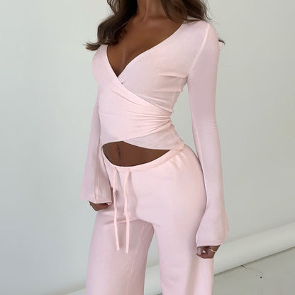 Women Sexy V Neck Wrap Top Wide Leg Pants Two Piece Set