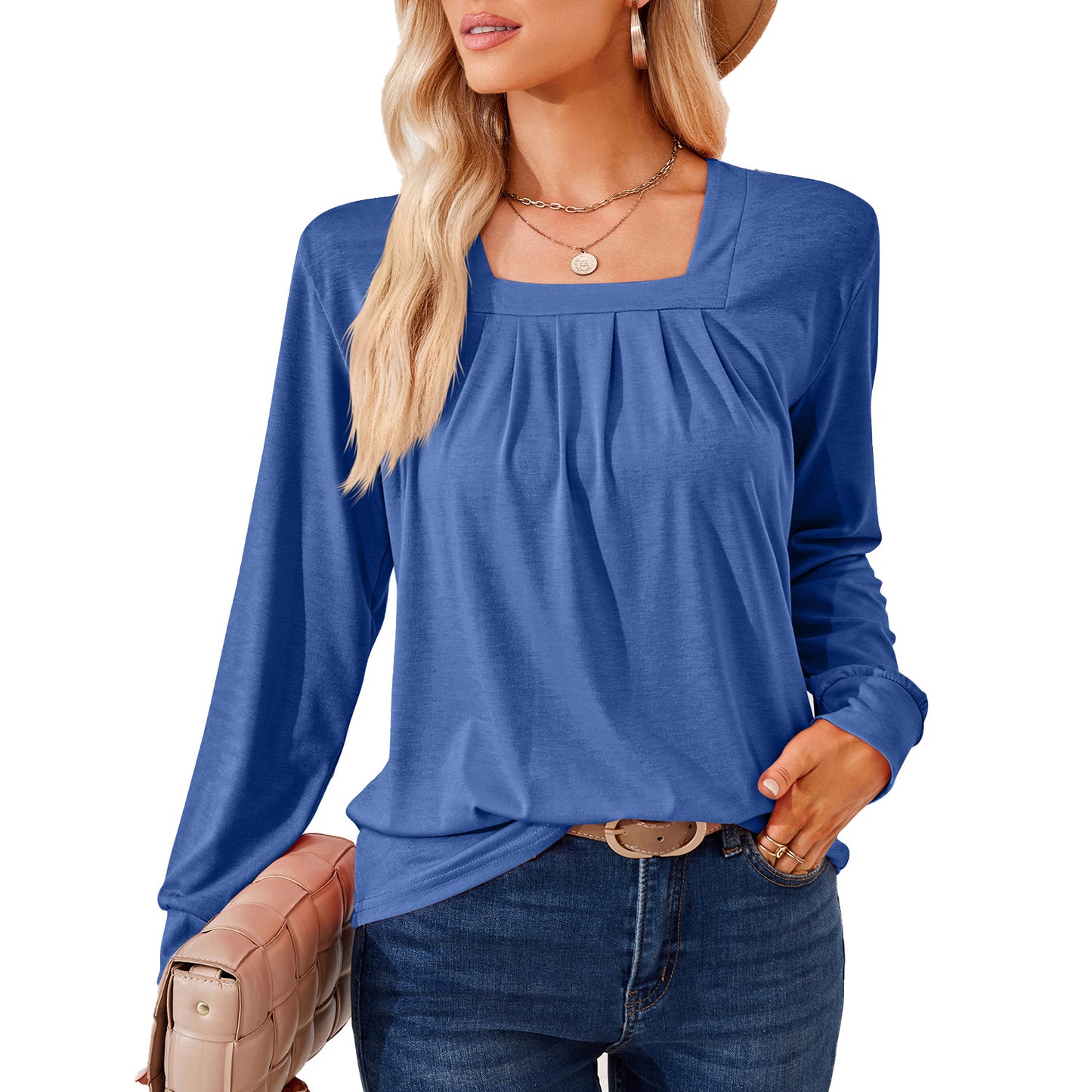 Women's Square Neck Pleated Long Sleeve Loose Casual Top