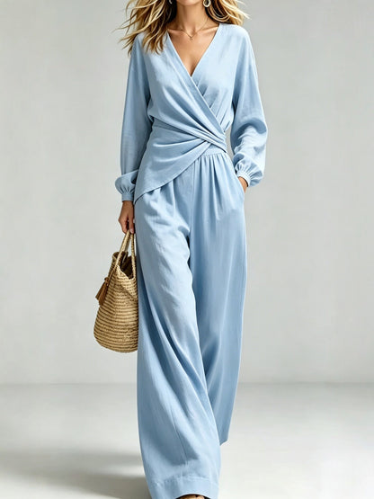 V Neck Wrap Top Wide Leg Pants Two Piece Set